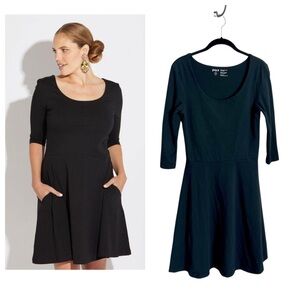 Pact organic cotton black fit & flare skater dress 3/4 sleeves pockets basic M